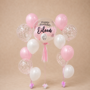24" CustomBubble with Double Side Bouquets - Customised Bubble Balloon Two Latex Side Bouquet