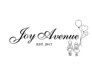 Black and white Joy Avenue logo featuring script typography, the text "EST. 2017", and line art of two young children holding hands while holding balloons.